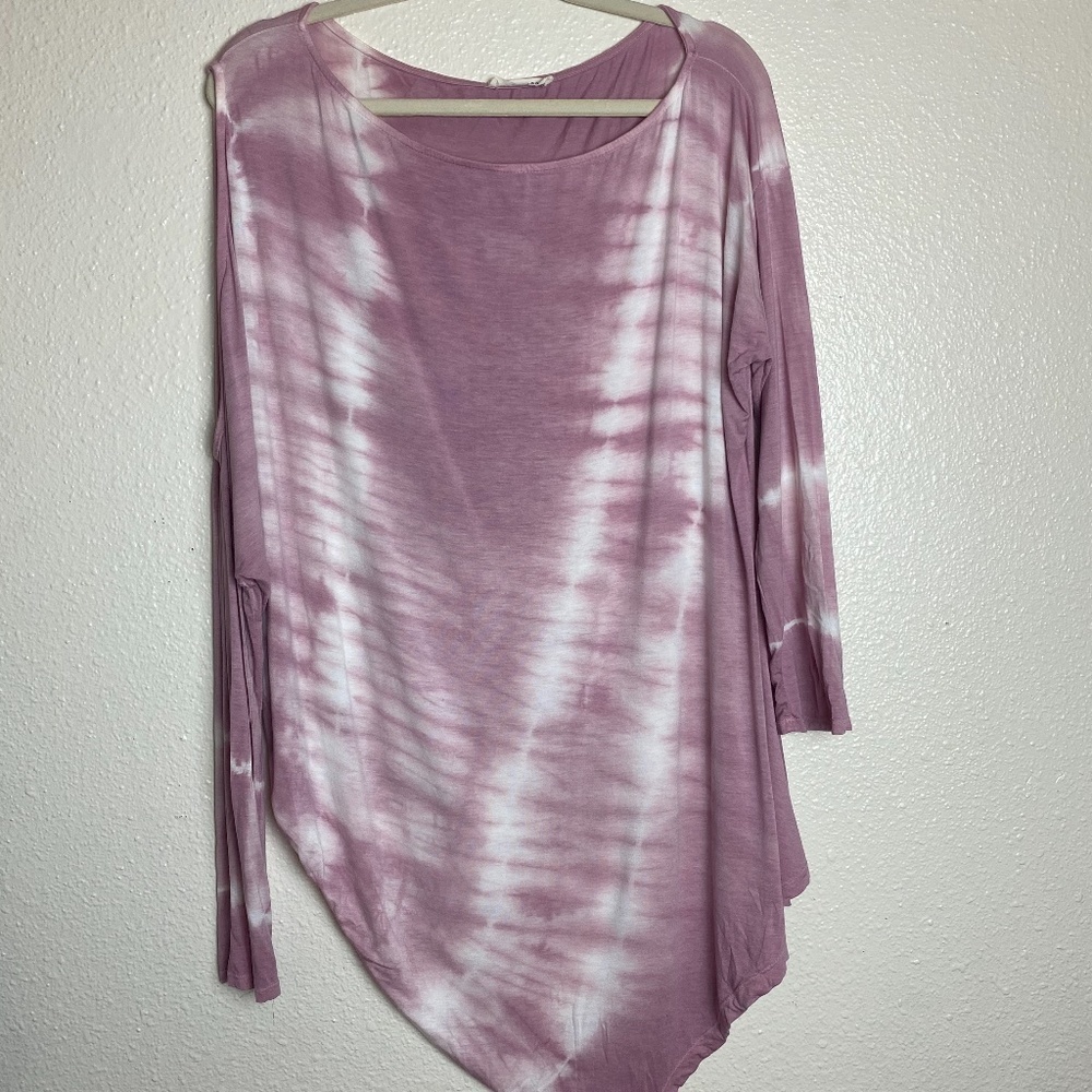 PROMESA Pink & White Tie Dye Asymmetrical 3/4 Sleeve Tunic Women's size L